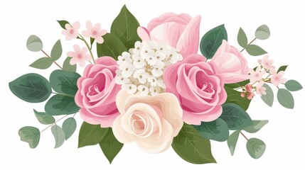 Sticker - A stunning bouquet featuring dusty pink and cream roses, peonies, and hydrangeas, perfect for a spring wedding garland.