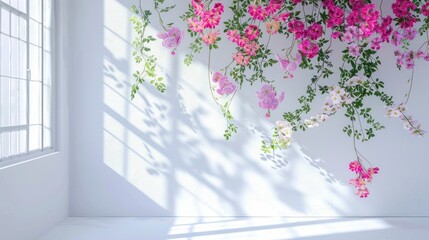 Wall Mural - Pink Flower Vines Hanging on a White Wall