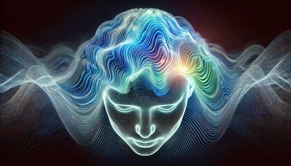 Wall Mural - Futuristic Visual Representation of a Human Head with Bright Colors and Abstract Waves Emitting from the Brain - Conceptual Art