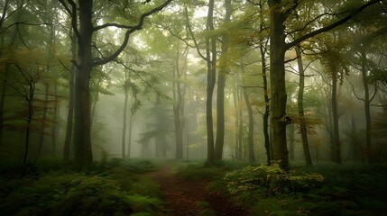 A forest with trees in the background and a misty sky. 