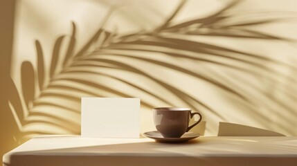 Wall Mural - Coffee Cup on Table With a Palm Shadow