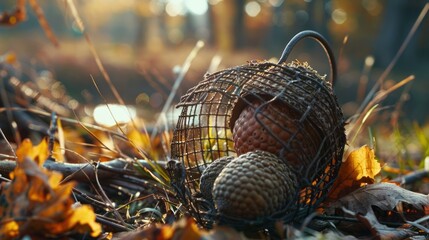 Canvas Print - Autumnal Basket with Pinecones