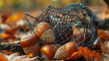 Wall Mural - Autumn Acorns in a Wire Basket