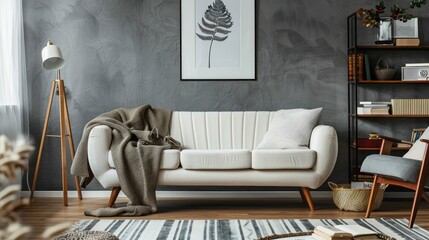 Canvas Print - Chic Scandinavian living room with designer sofa cozy throw coffee table lamp and bookshelf on gray wall Minimalist interior theme