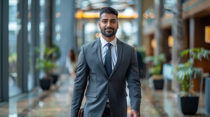 Wall Mural - Indian businessman in a formal suit confidently walking through a modern office lobby