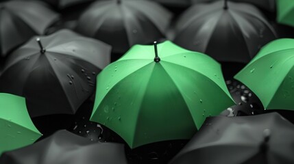 Poster - Green Umbrella Among Black Umbrellas