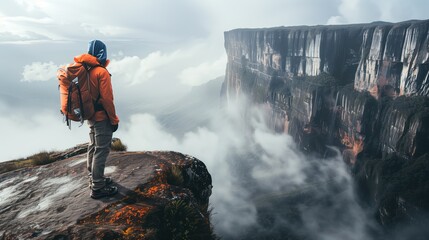 Wall Mural - Close-up of a hiker standing at the edge of Mount Roraima, looking over the vast landscape, mist rising from the valleys below, Portrait close-up, hyper-realistic, high detail, photorealistic, studio