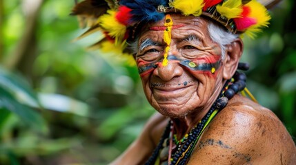 Portrait of an elderly indigenous man wearing traditional face paint and headdress, surrounded by lush green foliage.