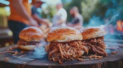 Wall Mural - Delicious pulled pork sandwiches served at an outdoor barbecue, with people enjoying the summer cookout in the background.