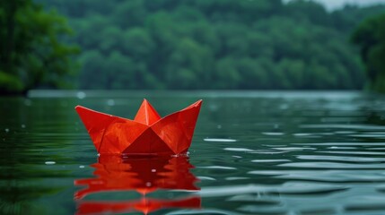 Sticker - Red Paper Boat Floating on a Calm Lake