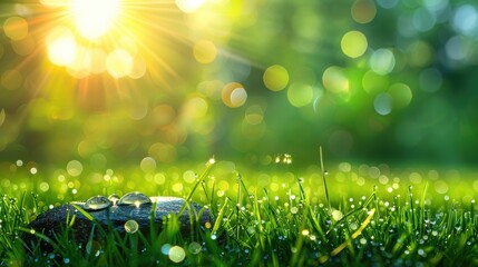 Wall Mural - Close-up of morning dew drops on green grass blades, with sunlight creating a bokeh effect in the background.