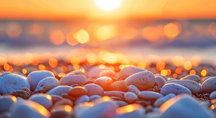 Wall Mural - Close-up of pebbles on a beach illuminated by the golden light of a setting sun, creating a warm and serene atmosphere.