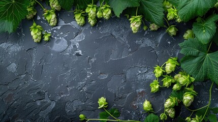 Hop plant with hops on a dark stone backdrop