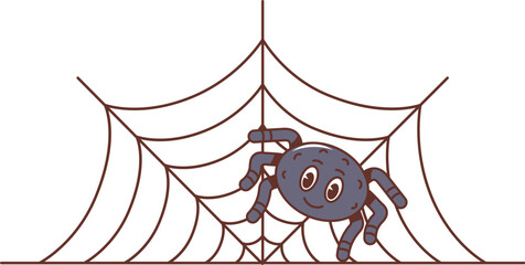 Cartoon retro groovy Halloween spider character playfully sitting on its intricate web, exuding spookiness and charm. Isolated vector cute arachnid insect monster personage on spiderweb at party night