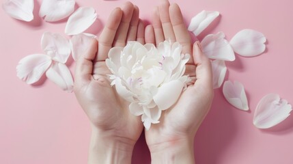 Poster - White Peony Flower Held in Hands