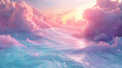 Canvas Print - Pink Clouds Over Ocean Sunset Illustration