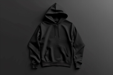 A black hoodie laid out flat against a dark background, highlighting its design and texture, ideal for apparel mockups and showcasing clothing details.