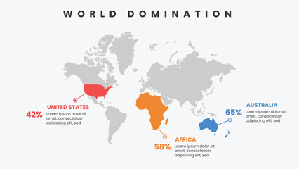  Creative infographic template for presentation. World map market share for company. Market research infographic multicolor.