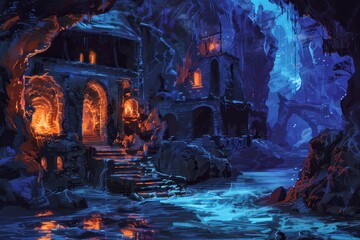 Mystical ruins in the deep dark blue caves with glowing water