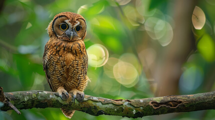 javan hoarse owl perched on a tree branch, with golden brown feathers and big sharp eyes, ai generat