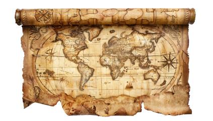 A vintage roll of a pirate treasure map on a white background