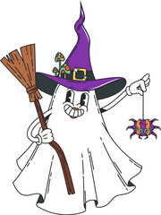 Wall Mural - Cartoon Halloween groovy ghost character in witch hat carrying a broomstick and spooky spider on string. Adorable vector spirit personage, exuding a delightful mix of nostalgic spookiness and cuteness