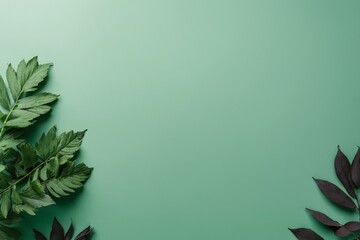 Wall Mural - minimal flat lay composition with green and black leaves with copyspace
