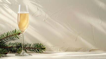 Champagne glass and pine branch on light background for holidays