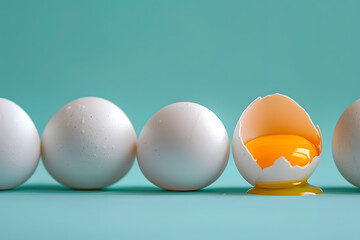 Neat row of white eggs with one broken egg revealing a vibrant yellow yolk, shallow depth of field