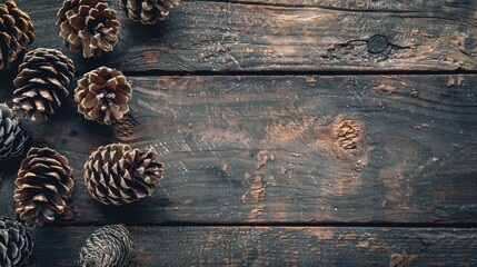 Wall Mural - Vintage copy space with dried pine cones on aged wood