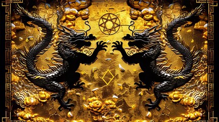 Poster - a depiction of two black dragons facing each other on a golden background creating a powerful and dy