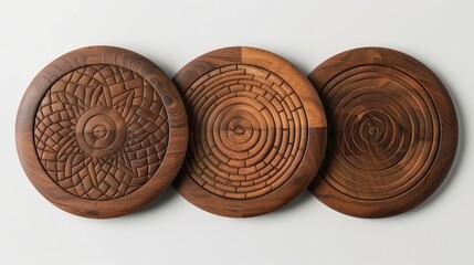 Three circular coasters made of wood with textured design and space for text