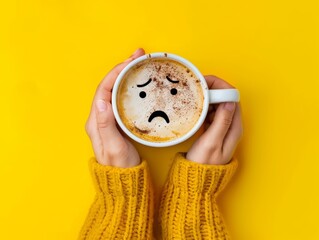 Closeup woman hands holding coffee cup with sad face drawn on coffee, top view angle on isolated yellow background - ai