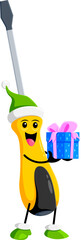 Cartoon Christmas screwdriver diy and repair tool character joyfully holding a gift box. Isolated vector festive personage with a cheerful smile, ready to spread holiday cheer and handy surprises