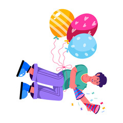 Poster - Person flying with birthday balloons, flat illustration 