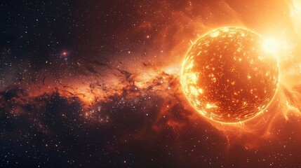 Wall Mural - brilliant, glowing star with fiery surface against a backdrop of the milky way galaxy, showcasing th