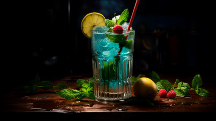 Wall Mural - Colorful summer beverage, iced blue lagoon alcohol cocktail drink with lime and mint on dark background