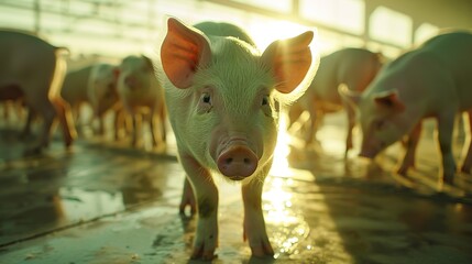 Poster - Closeup of low camera angle of white Pigs standing on the floor of a clean and white factory floor, golden hour 