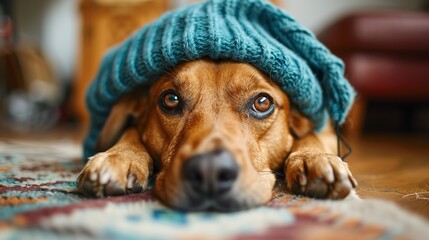 Canvas Print - a dog with a blue hat laying on the floor