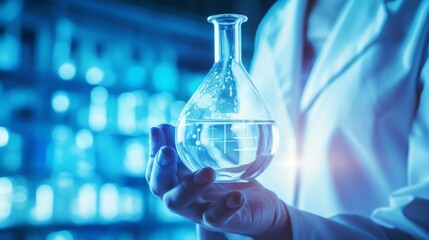 Wall Mural - Scientist holding flask in chemical laboratory with various glassware, conducting scientific research and experimentation in a modern laboratory setting


