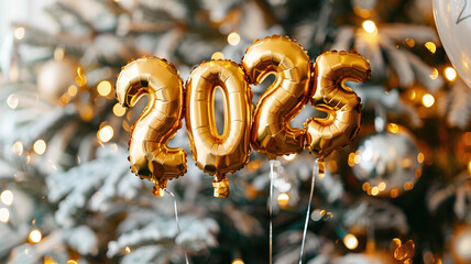 New Year celebration concept. Golden numbers 2025 two thousand twenty five new year balloons in sunlight white background