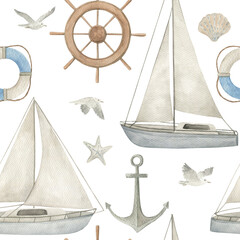 Watercolor seamless pattern with yacht, anchor and seagulls. Nautical seascape on white background