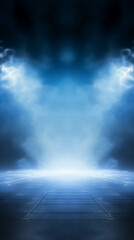 Futuristic stage with dramatic blue lighting and smoke effects, perfect for sci-fi themed projects and presentations.