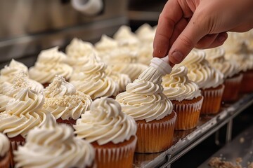 Baker's hands piping frosting onto cupcakes.