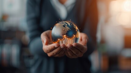 Hands holding a glowing globe with a rising line graph, symbolizing global economic upturn.