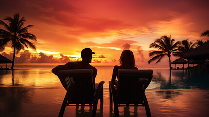 Wall Mural - holidays, couple relaxing near swimming pool in luxury hotel resort at sunset on tropical island, honeymoon vacation travel, photography.