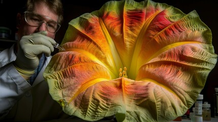 Homeopathic doctor from future, in his laboratory studying a flower, to extract its essence for remedies