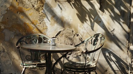 Poster - Metallic armchair with shadow pattern against cracked wall in outdoor cafe