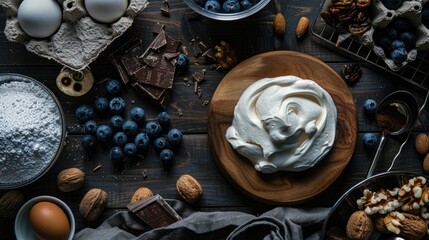 Canvas Print - Baking ingredients for cake meringue dessert with eggs blueberries nuts and dark chocolate