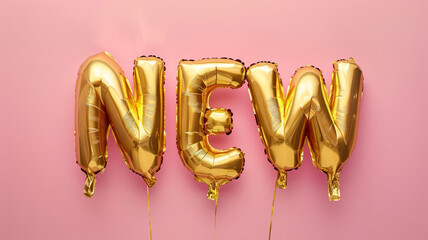 Official announcement and information about a new product or program celebration. Helium balloons made of letters with word New on pink studio background. 